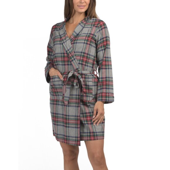PETITE PLUME Grey Cotton Twill Westminster Tartan Robe - Picture 1 of 2